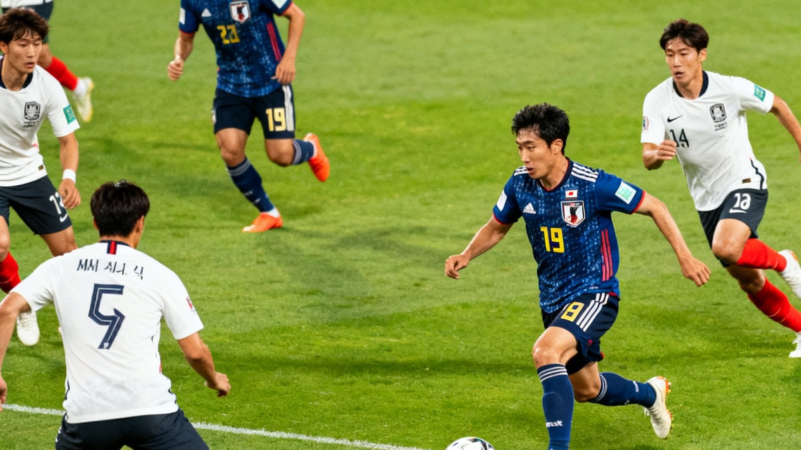 日本对阵韩国的亚洲杯半决赛高清直播画面，日本队在前场快速传导球，韩国防线严阵以待。